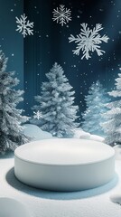 White podium displaying products in snowy forest with falling snowflakes during winter