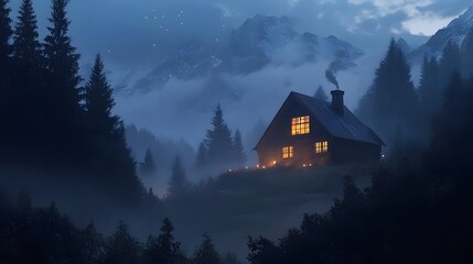 A mountain cabin at dawn with soft light illuminating the surrounding landscape