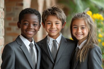 Three Children Dressed in Suits Smiling Together