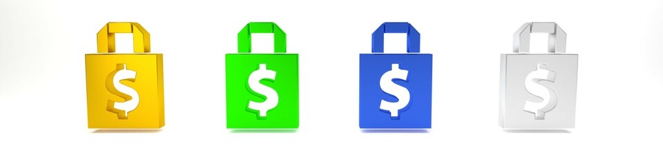 Colorful Shoping bag and dollar symbol icon isolated on white background. Handbag sign. Woman bag icon. Female handbag sign. Minimalism concept. 3D render illustration
