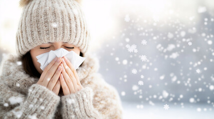 Woman Blowing Nose in Winter with Snow Falling, Cold and Flu Winter Season Health and Illness Concepts