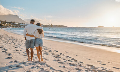 Hug, walking and back of couple on at beach for love on vacation, anniversary and holiday....