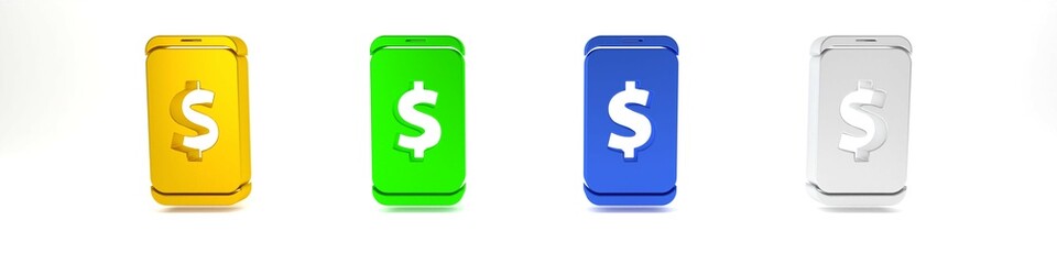 Colorful Smartphone with dollar symbol icon isolated on white background. Online shopping concept. Financial mobile phone. Online payment. Minimalism concept. 3D render illustration