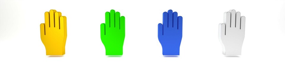 Colorful Medical rubber gloves icon isolated on white background. Protective rubber gloves. Minimalism concept. 3D render illustration