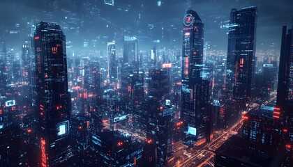 Fototapeta premium Futuristic Cityscape with Neon Lights and Digital Overlays