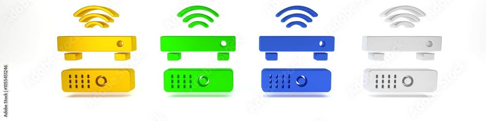Poster colorful wireless multimedia and tv box receiver and player with remote controller icon isolated on 