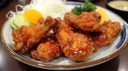 A plate of karaage, Japanese-style fried chicken, marinated in soy sauce, ginger, and garlic, crispy and juicy.


