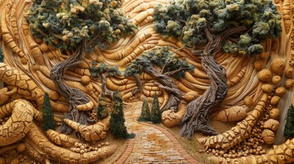 Obraz premium Sculptural Landscape with Trees and Brick Pathway Nature Art Installation