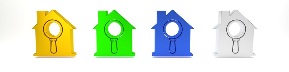 Colorful Search house icon isolated on white background. Real estate symbol of a house under magnifying glass. Minimalism concept. 3D render illustration