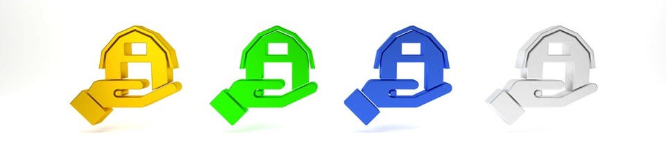 Colorful Farm house in hand icon isolated on white background. Minimalism concept. 3D render illustration