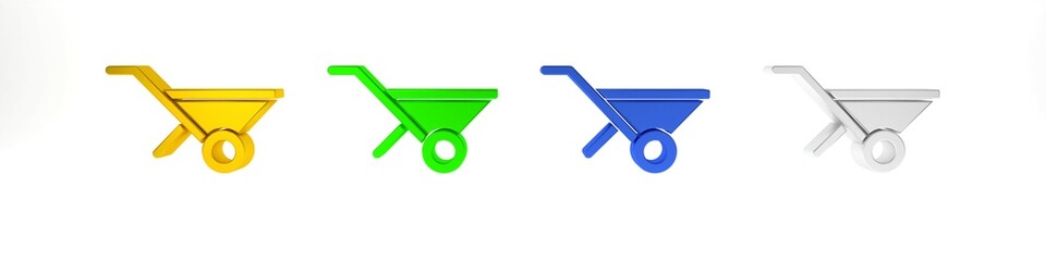 Colorful Wheelbarrow icon isolated on white background. Tool equipment. Agriculture cart wheel farm. Minimalism concept. 3D render illustration