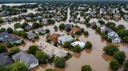Fototapeta premium A residential neighborhood submerged in floodwaters, with only the rooftops and upper floors of houses visible above the murky water, surrounded by trees partially underwater 