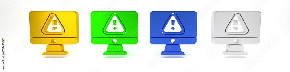 Poster colorful computer monitor with exclamation mark icon isolated on white background. alert message sma
