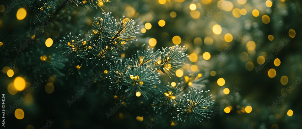 Poster a close-up view of pine needles with out-of-focus golden lights in the background. the green foliage