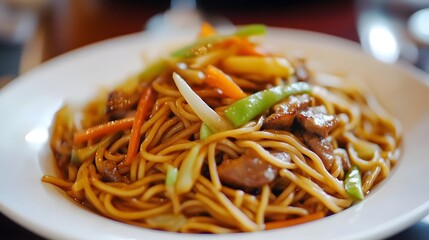 A plate of yaki soba, stir-fried noodles with vegetables, meat, and a savory sauce, garnished with pickled ginger.

