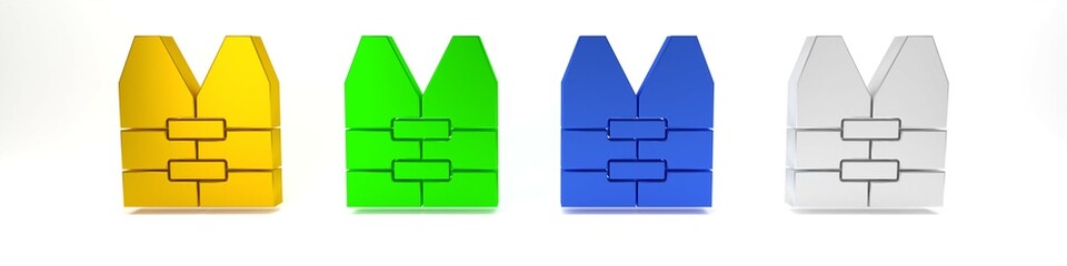 Colorful Life jacket icon isolated on white background. Life vest icon. Extreme sport. Sport equipment. Minimalism concept. 3D render illustration