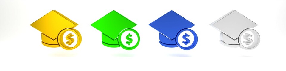 Colorful Graduation cap and coin icon isolated on white background. Education and money. Concept of scholarship cost or loan, tuition or study fee. Minimalism concept. 3D render illustration