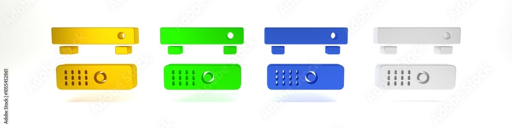 Poster colorful multimedia and tv box receiver and player with remote controller icon isolated on white bac