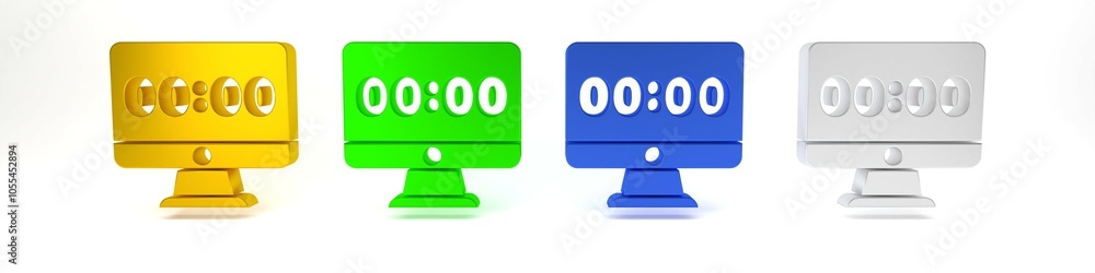 Poster colorful clock on computer monitor screen icon isolated on white background. schedule concepts. mini