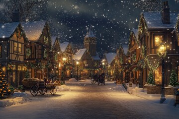 Fototapeta premium A traditional Christmas village background with cobblestone streets, snow-covered rooftops, and a horse-drawn carriage making its way through the town square. Wreaths and lights adorn each building. 