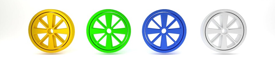 Obraz premium Colorful Alloy wheel for a car icon isolated on white background. Minimalism concept. 3D render illustration