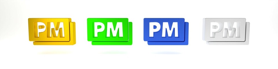 Fototapeta premium Colorful Clock PM icon isolated on white background. Time symbol. Minimalism concept. 3D render illustration