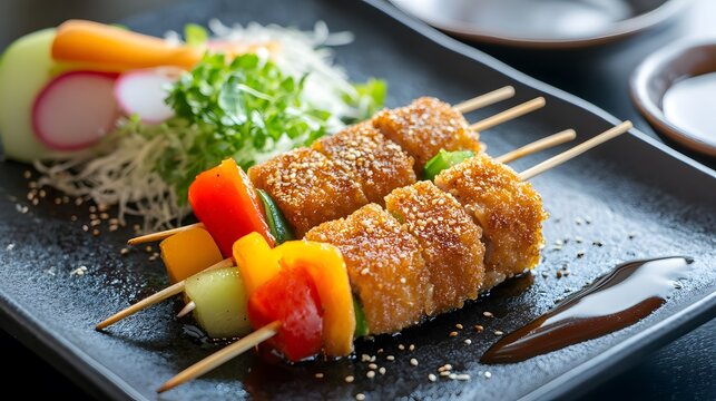 A serving of kushi katsu, skewered and deep-fried pork and vegetables, served with tonkatsu sauce.


