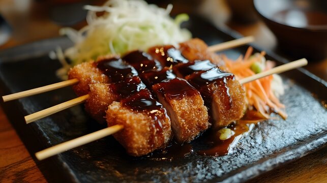 A serving of kushi katsu, skewered and deep-fried pork and vegetables, served with tonkatsu sauce.


