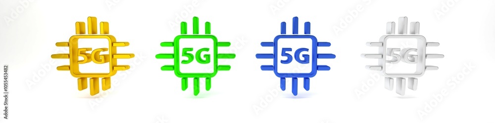 Poster colorful computer processor 5g with microcircuits cpu icon isolated on white background. chip or cpu