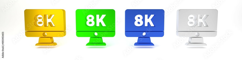 Poster colorful computer pc monitor display with 8k video technology icon isolated on white background. min