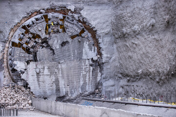 Tunnel boring machine(TBM) head on display at subway construction site ,underground infrastructure...