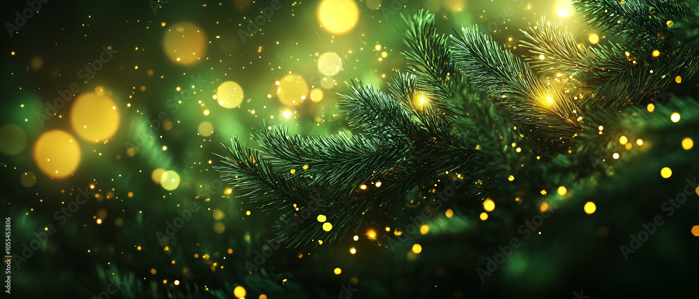 Poster A close-up of a pine tree branch with golden bokeh lights in the background. The image captures the magic and warmth of the holiday season