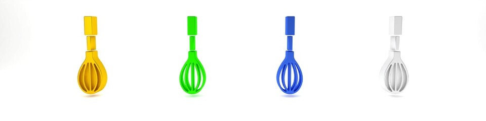 Colorful Kitchen whisk icon isolated on white background. Cooking utensil, egg beater. Cutlery sign. Food mix symbol. Minimalism concept. 3D render illustration