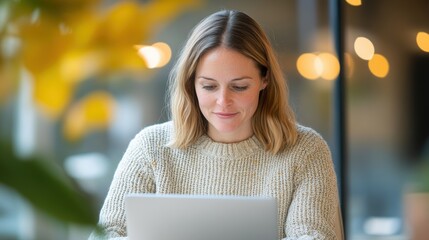 Fototapeta premium Engaged Woman Concentrates on Work During Interactive Virtual Business Session in a Bright Space