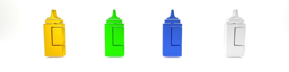 Colorful Sauce bottle icon isolated on white background. Ketchup, mustard and mayonnaise bottles with sauce for fast food. Minimalism concept. 3D render illustration