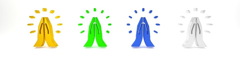 Colorful Hands in praying position icon isolated on white background. Prayer to god with faith and hope. Minimalism concept. 3D render illustration