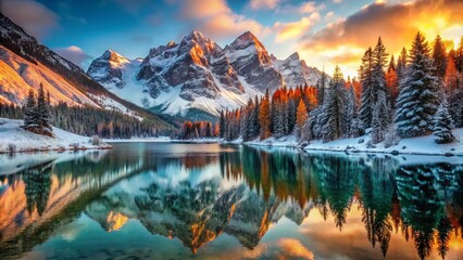 Obraz premium Glamorous Winter Retreat: Snow-Covered Peaks and Shimmering Mountain Lake Photography