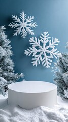 Christmas podium displaying winter products with snowflakes and pine branches