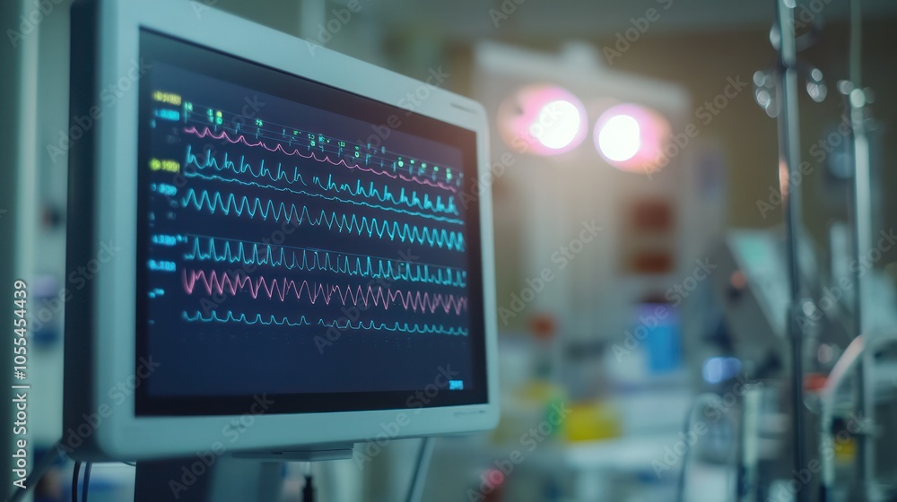 Poster a close-up image of an electroencephalogram (eeg) monitor displaying colorful brain wave patterns,