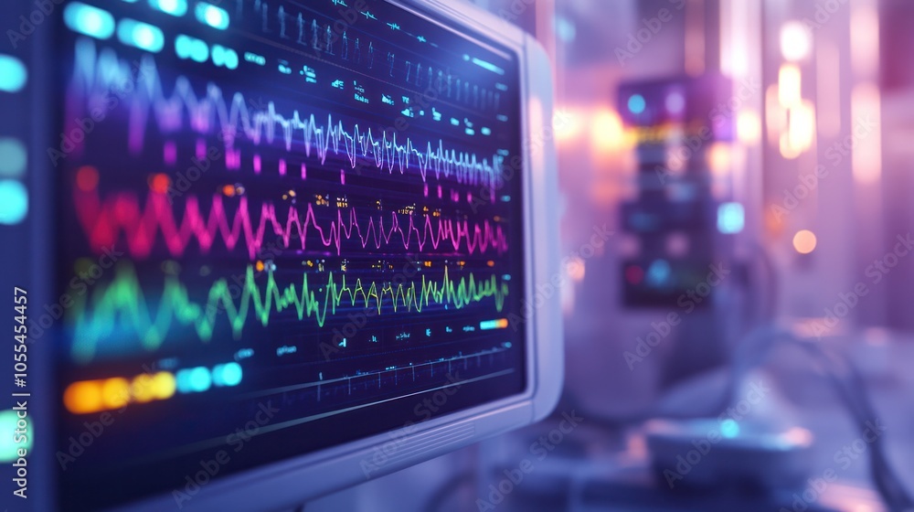 Poster a close-up image of an electroencephalogram (eeg) monitor displaying colorful brain wave patterns,