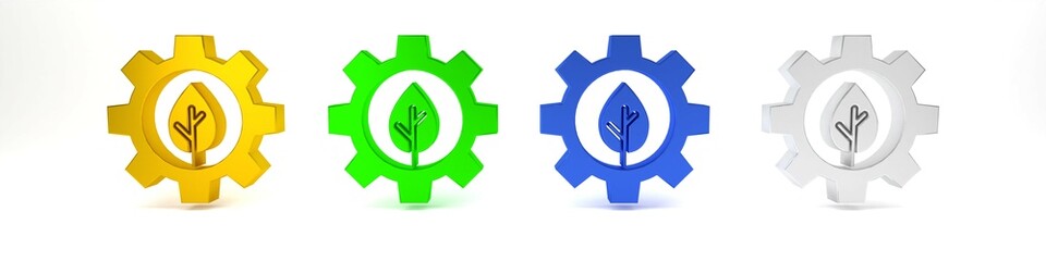 Colorful Leaf plant ecology in gear machine icon isolated on white background. Eco friendly technology. World Environment day label. Minimalism concept. 3D render illustration