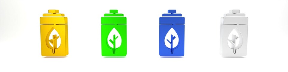 Colorful Eco nature leaf and battery icon isolated on white background. Energy based on ecology saving concept. Minimalism concept. 3D render illustration