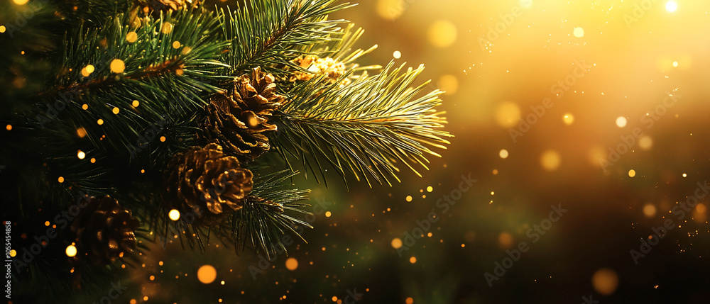 Poster a close-up of a pine tree branch with pinecones and a bokeh effect in the background, showcasing the