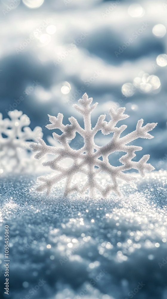 Poster decorative snowflakes resting on sparkling snow creating winter wonderland