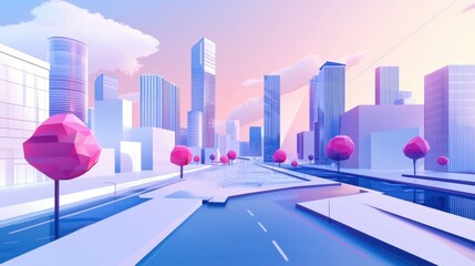 Abstract Modern Cityscape: A Panoramic 3D Illustration Journey