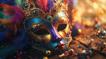 Naklejka premium decorative mask resting on a wooden table,