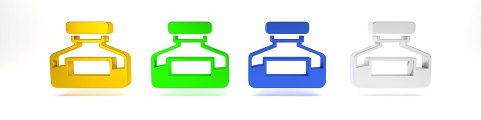Colorful Ink bottle icon isolated on white background. Calligraphy supplies for fountain pen. Minimalism concept. 3D render illustration