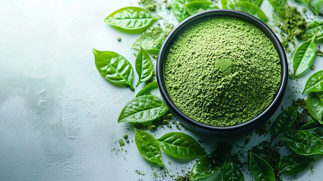 A vibrant green matcha powder bowl ideal for promoting World Vegan Month, healthy eating, or wellness events, evoking freshness and tranquility.