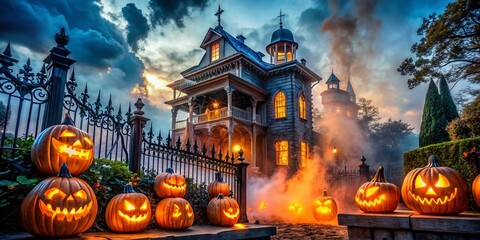 Obraz premium Glowing Jack-o'-Lanterns at Haunted Mansion on Foggy Halloween Night - Spooky Scene