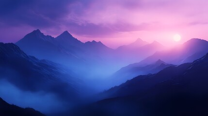 Obraz premium A misty mountain range at dusk with deep blue and purple hues in the sky